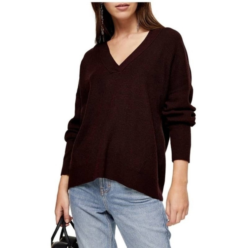 Topshop Sweater Women US 0-2 Burgundy V-Neck Ribbed Knit Oversized Casual
